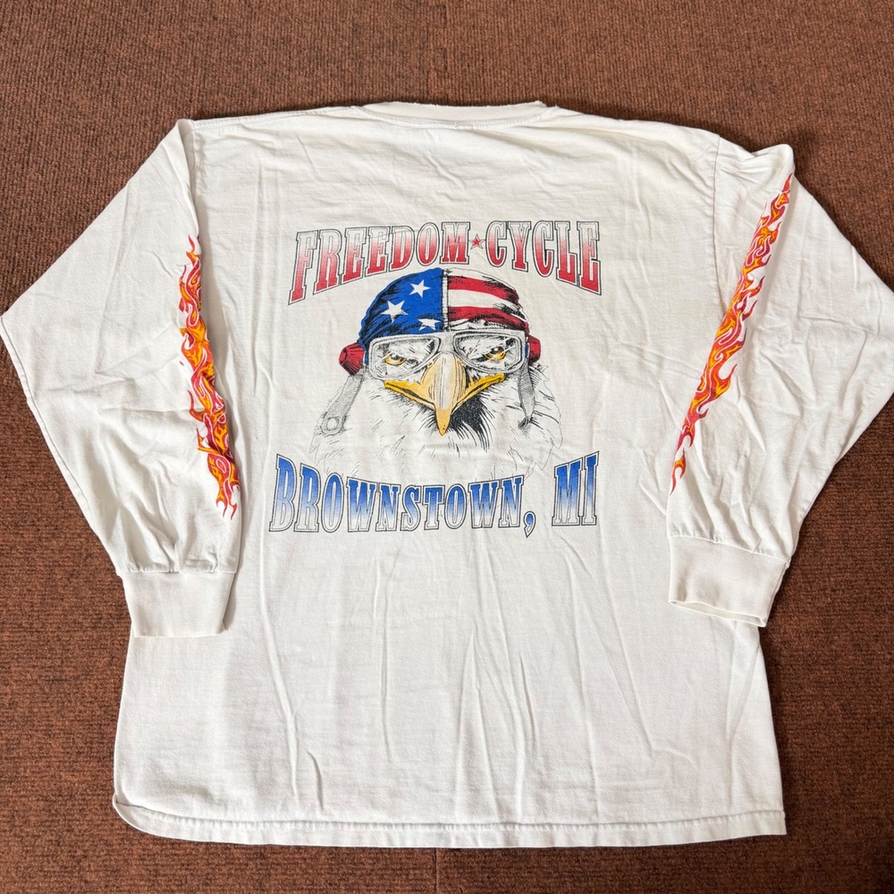 Freedom Cycle Brownstown MI Eagle Flame Sleeve Long Sleeve T-Shirt Mens Large
